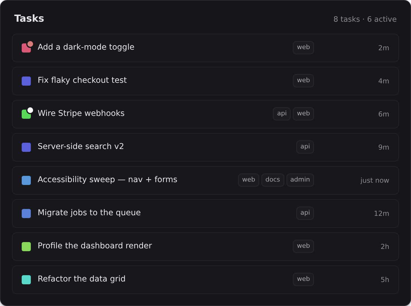 A board of parallel tasks running at once, each in its own container and worktree.