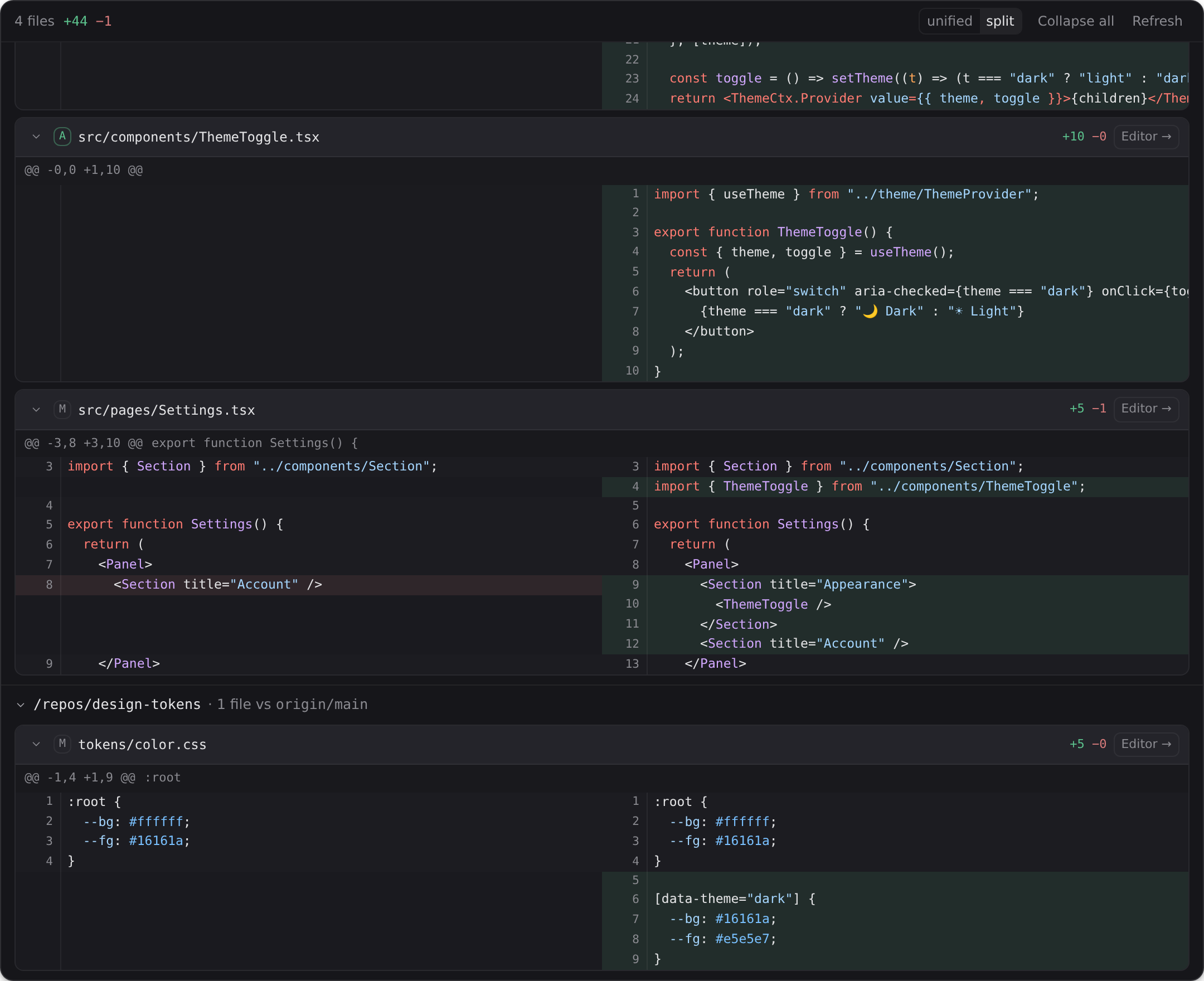 The in-app diff drawer — multi-repo, split view, comparing the task branch against the default branch, with syntax-highlighted hunks.