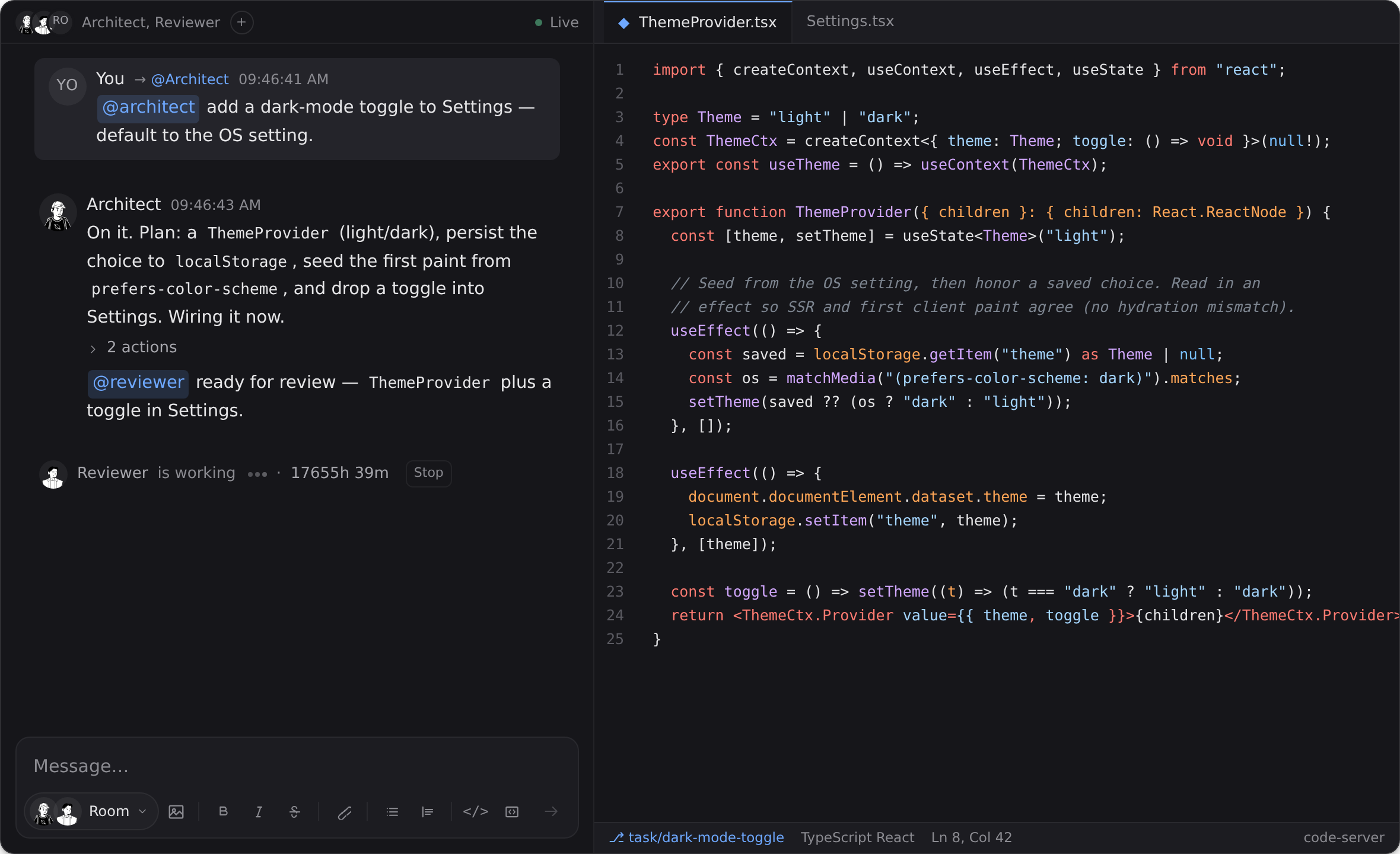 A task split view — the agent chat on the left, code-server (VS Code) open to the same worktree on the right.