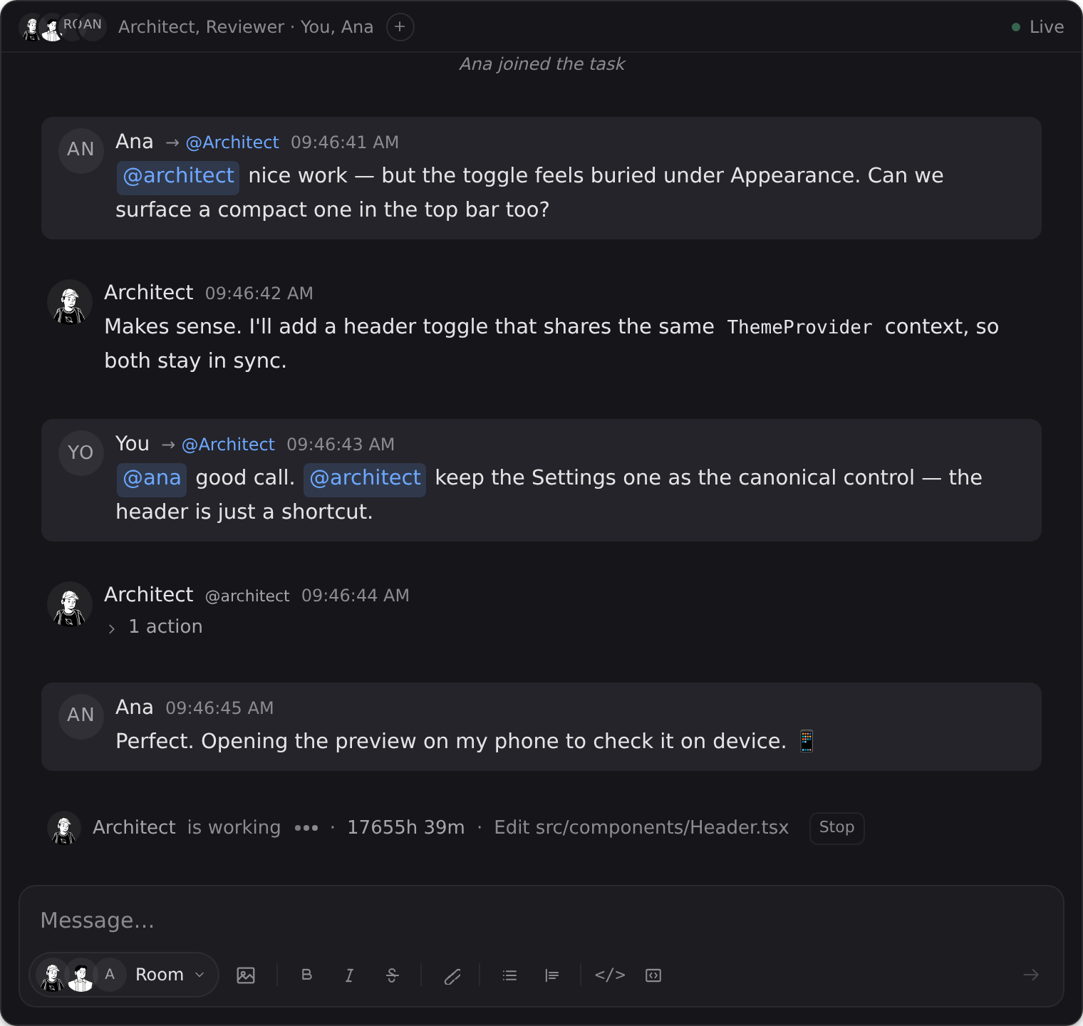 A task chat with two humans and agents, @mentioning each other.
