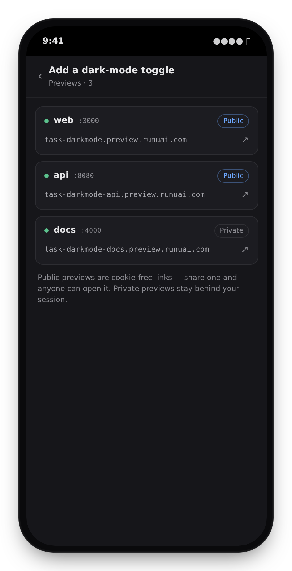 A task's live preview URLs on a phone — public, cookie-free links to share with a designer.