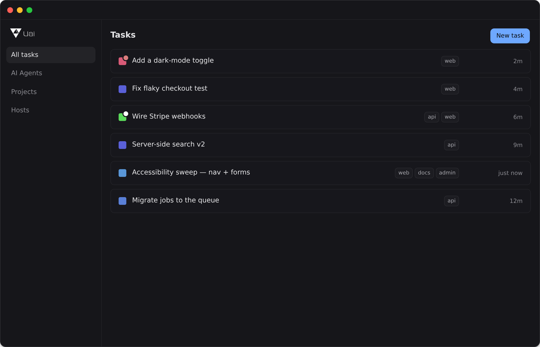 The Uai macOS desktop client — the full app in a native window showing your tasks.