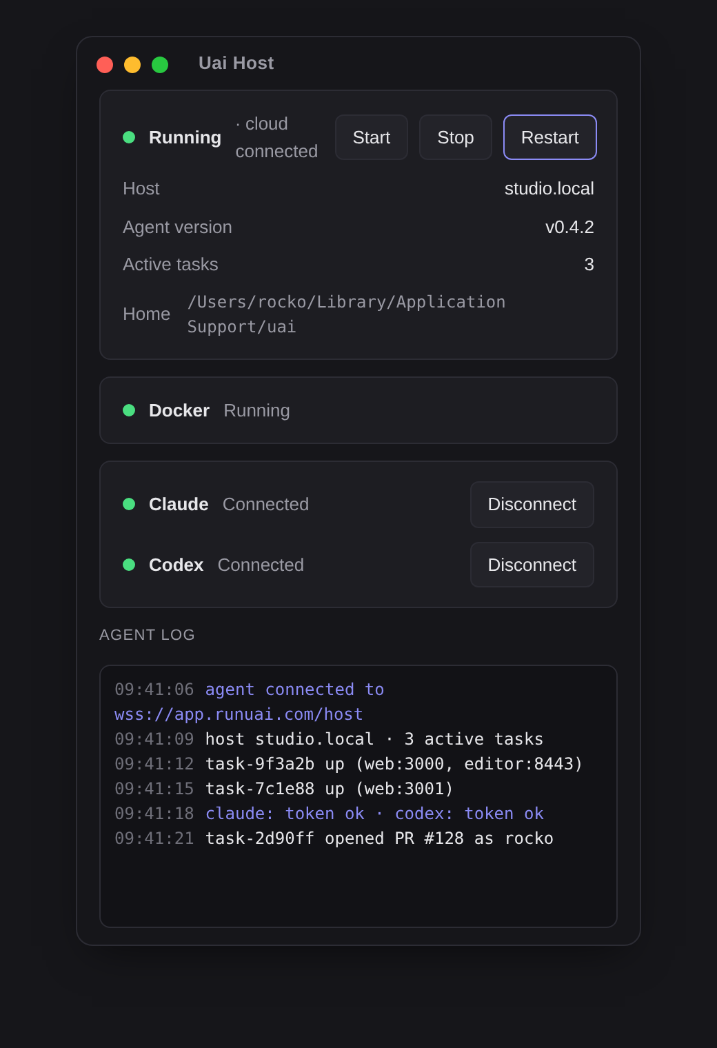 The Uai Host supervisor app — agent running and cloud-connected, Docker running, Claude and Codex connected, with a live agent log.