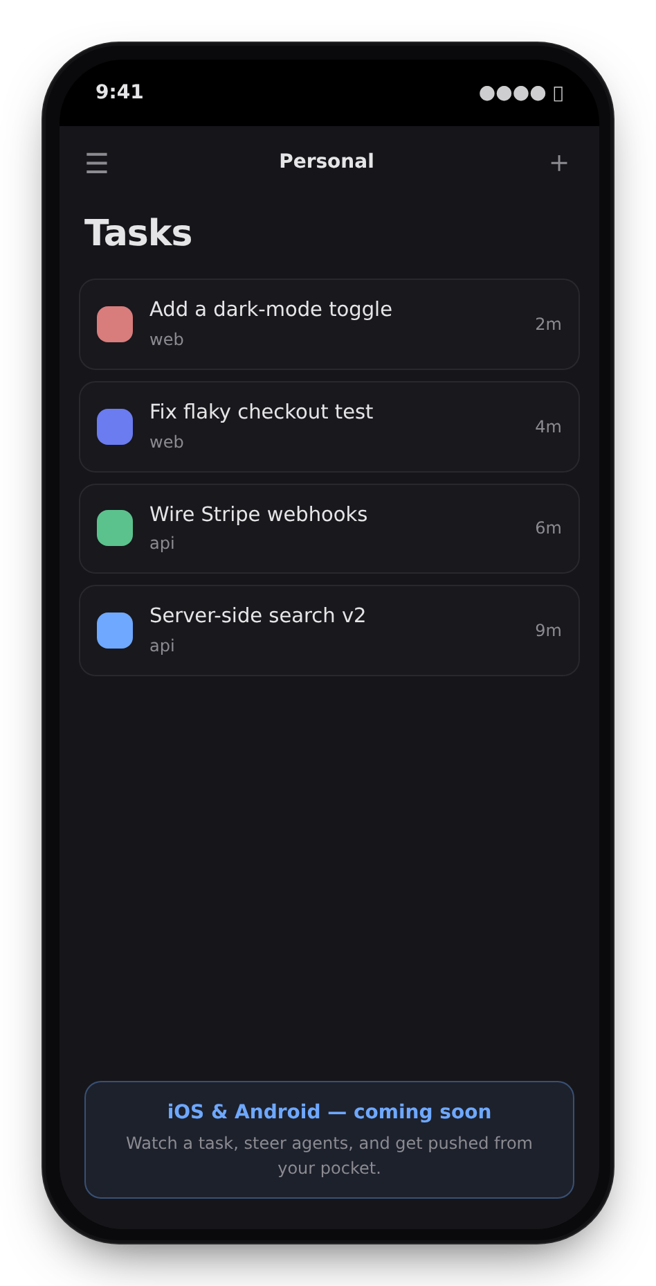 The Uai mobile app (coming soon) — a task inbox on a phone, labeled iOS and Android coming soon.